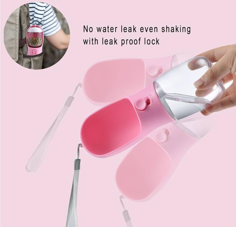 Three-in-One Pet Water Bottle and Food Container, Pink, Leak-Proof Design with Waste Bag Dispenser, 300ml Water, 100g Food Capacity