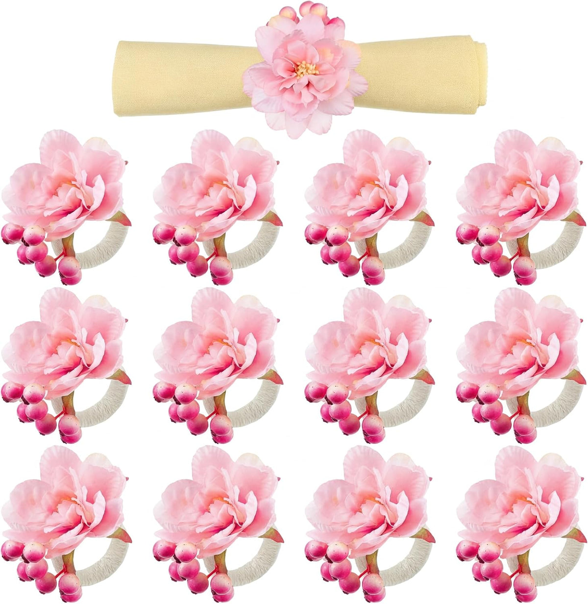 12 Pcs Pink Floral Napkin Rings with Berries Handcraft,Peony