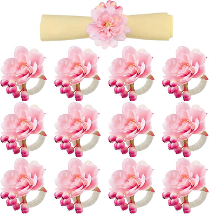 12 Pcs Pink Floral Napkin Rings with Berries Handcraft,Peony
