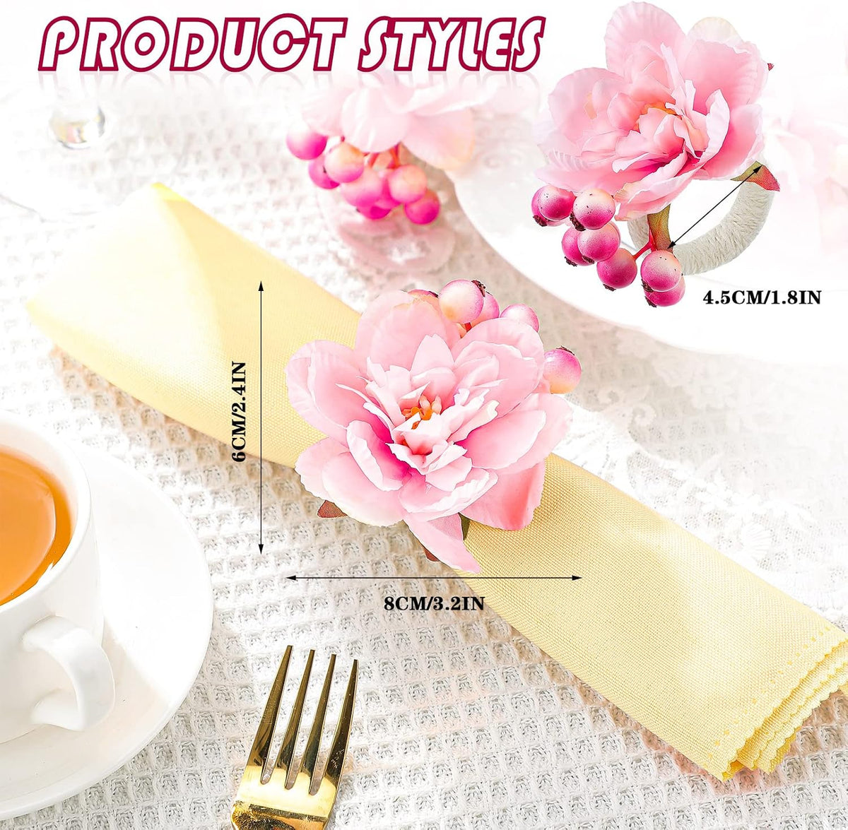 12 Pcs Pink Floral Napkin Rings with Berries Handcraft,Peony