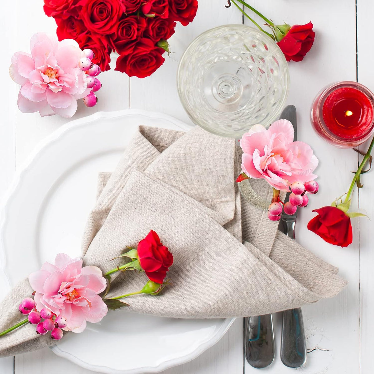 12 Pcs Pink Floral Napkin Rings with Berries Handcraft,Peony