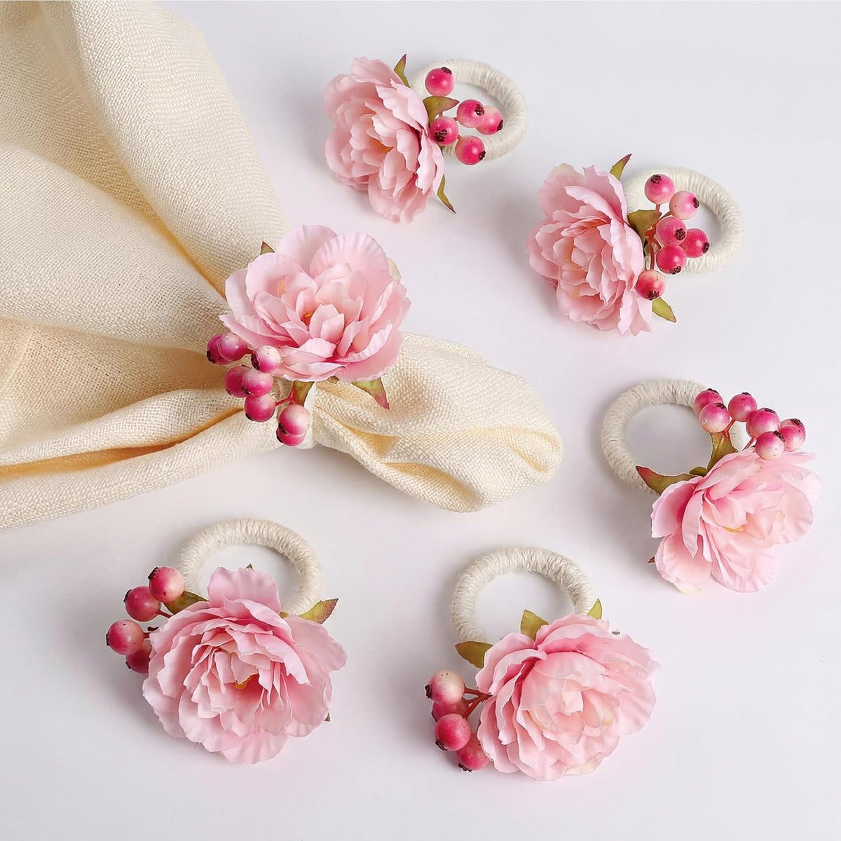 12 Pcs Pink Floral Napkin Rings with Berries Handcraft,Peony