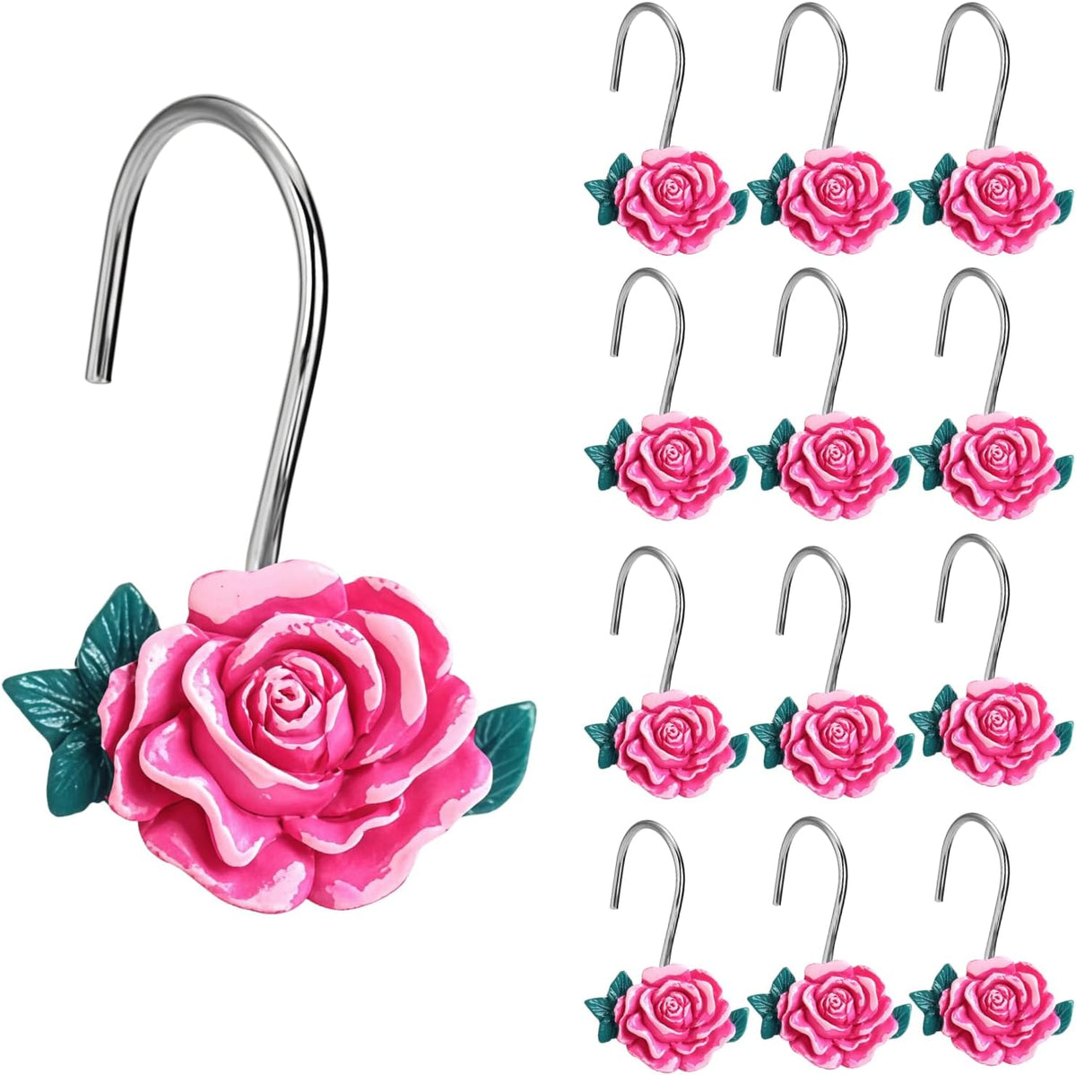 12 Pcs Pink Rose Shower Curtain Hooks, Stainless Steel Rust Resistant Flower Shower Curtain Rings, Pink Curtain Hooks for Home Bathroom Décor