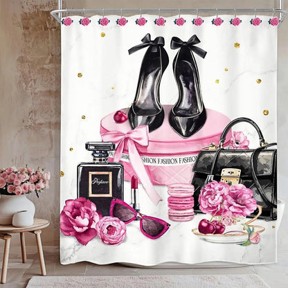 12 Pcs Pink Rose Shower Curtain Hooks, Stainless Steel Rust Resistant Flower Shower Curtain Rings, Pink Curtain Hooks for Home Bathroom Décor