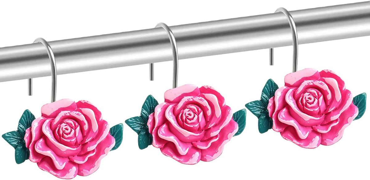 12 Pcs Pink Rose Shower Curtain Hooks, Stainless Steel Rust Resistant Flower Shower Curtain Rings, Pink Curtain Hooks for Home Bathroom Décor
