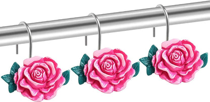 12 Pcs Pink Rose Shower Curtain Hooks, Stainless Steel Rust Resistant Flower Shower Curtain Rings, Pink Curtain Hooks for Home Bathroom Décor