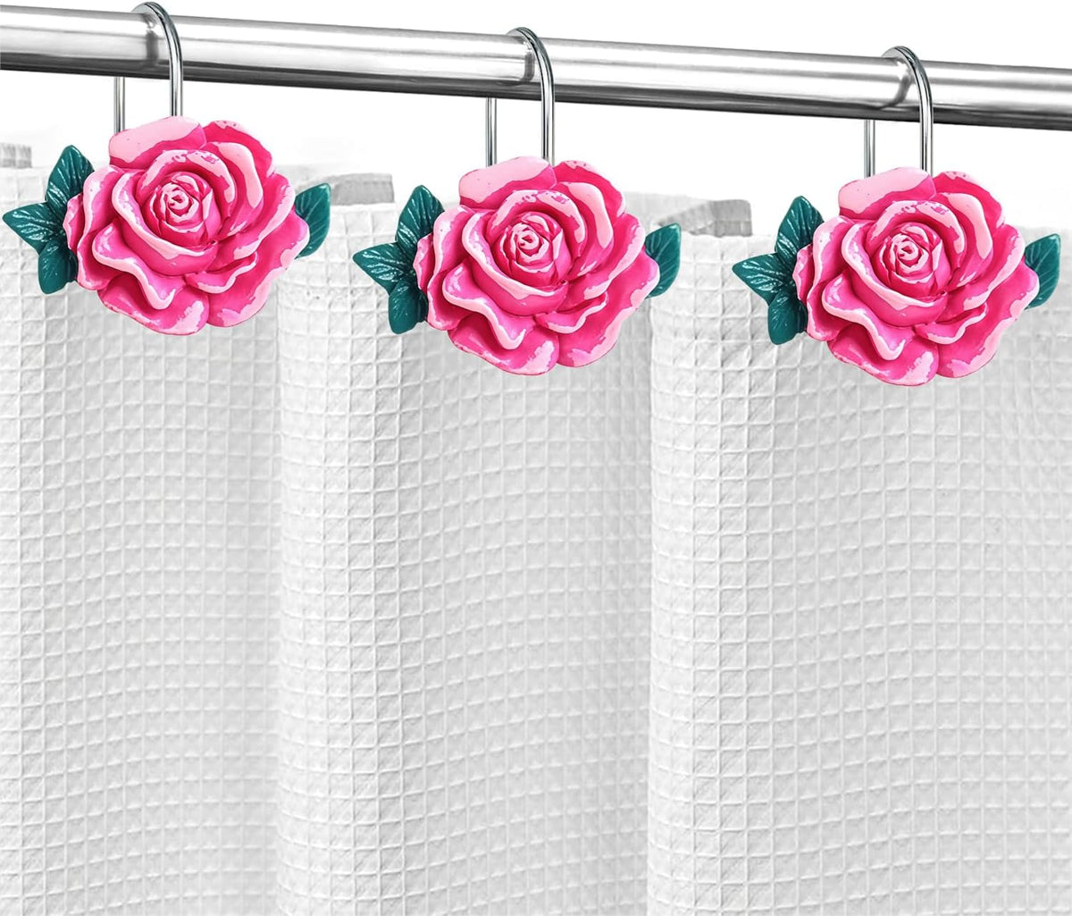 12 Pcs Pink Rose Shower Curtain Hooks, Stainless Steel Rust Resistant Flower Shower Curtain Rings, Pink Curtain Hooks for Home Bathroom Décor