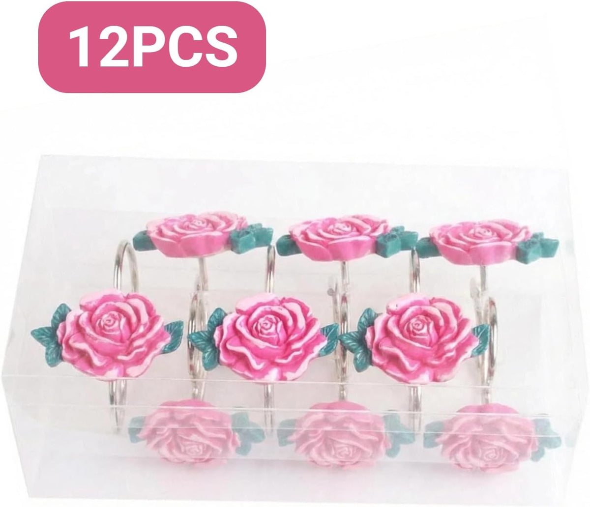 12 Pcs Pink Rose Shower Curtain Hooks, Stainless Steel Rust Resistant Flower Shower Curtain Rings, Pink Curtain Hooks for Home Bathroom Décor