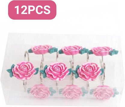 12 Pcs Pink Rose Shower Curtain Hooks, Stainless Steel Rust Resistant Flower Shower Curtain Rings, Pink Curtain Hooks for Home Bathroom Décor