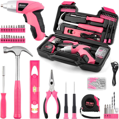 112PCS Pink Drill Set, 3.6V USB Cordless Drill & Home Tool Kit