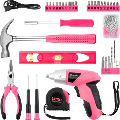 112PCS Pink Drill Set, 3.6V USB Cordless Drill & Home Tool Kit
