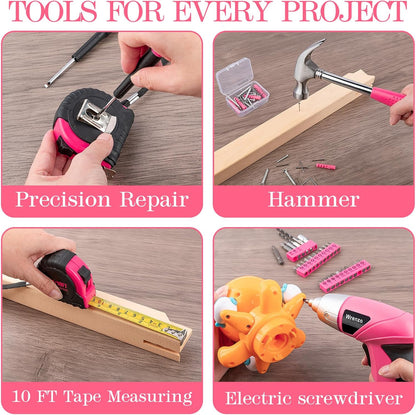 112PCS Pink Drill Set, 3.6V USB Cordless Drill & Home Tool Kit