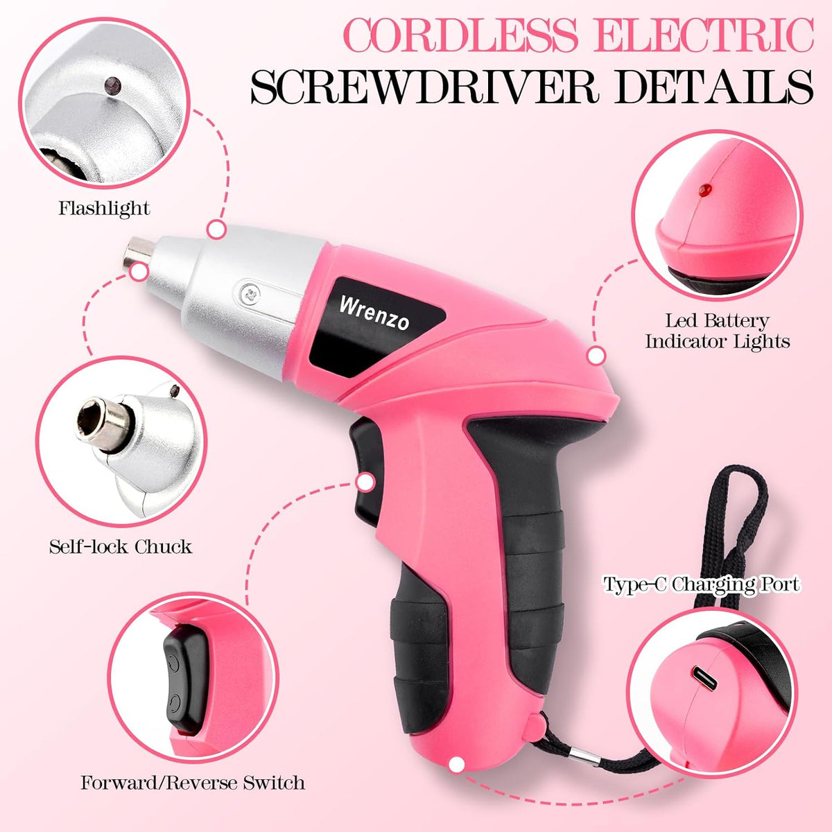112PCS Pink Drill Set, 3.6V USB Cordless Drill & Home Tool Kit