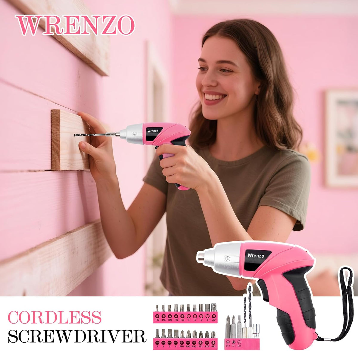 112PCS Pink Drill Set, 3.6V USB Cordless Drill & Home Tool Kit