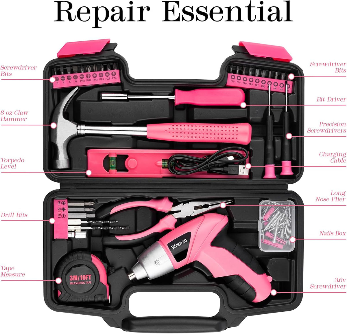 112PCS Pink Drill Set, 3.6V USB Cordless Drill & Home Tool Kit
