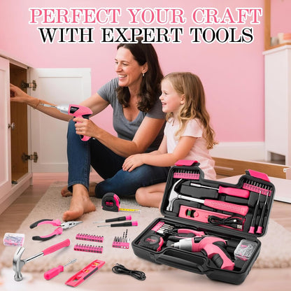 112PCS Pink Drill Set, 3.6V USB Cordless Drill & Home Tool Kit