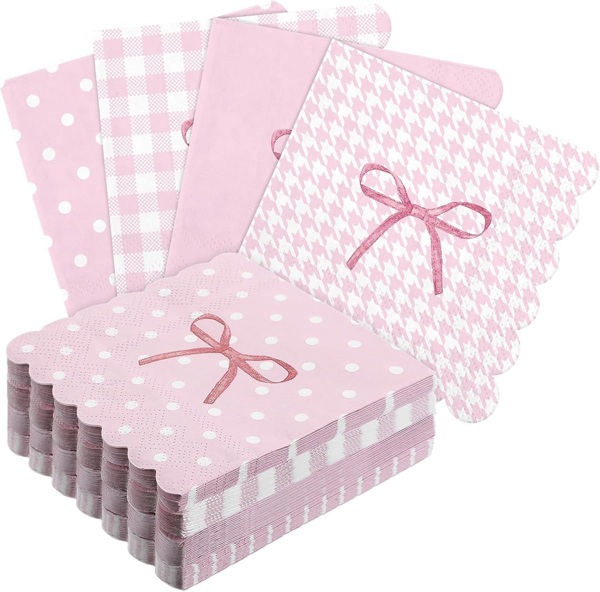 60 Pack Pink Bow Paper Napkins 3 Ply 5 x 5 in Disposable Cocktail Napkins with Scalloped Edges for Wedding Baby Shower Birthday Party Decoration