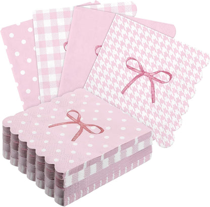60 Pack Pink Bow Paper Napkins 3 Ply 5 x 5 in Disposable Cocktail Napkins with Scalloped Edges for Wedding Baby Shower Birthday Party Decoration
