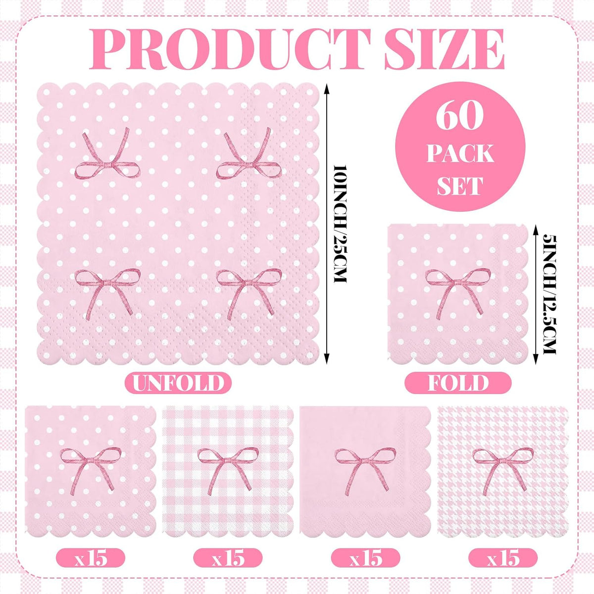60 Pack Pink Bow Paper Napkins 3 Ply 5 x 5 in Disposable Cocktail Napkins with Scalloped Edges for Wedding Baby Shower Birthday Party Decoration
