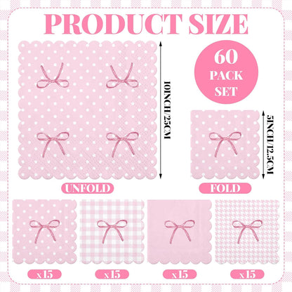 60 Pack Pink Bow Paper Napkins 3 Ply 5 x 5 in Disposable Cocktail Napkins with Scalloped Edges for Wedding Baby Shower Birthday Party Decoration