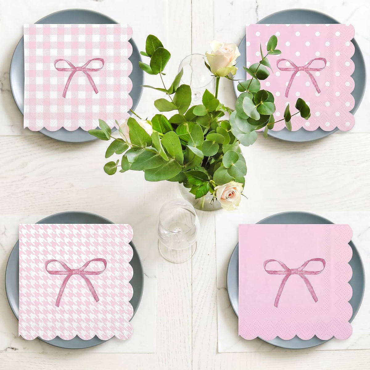 60 Pack Pink Bow Paper Napkins 3 Ply 5 x 5 in Disposable Cocktail Napkins with Scalloped Edges for Wedding Baby Shower Birthday Party Decoration