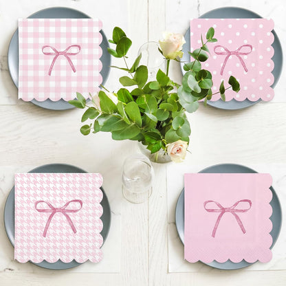 60 Pack Pink Bow Paper Napkins 3 Ply 5 x 5 in Disposable Cocktail Napkins with Scalloped Edges for Wedding Baby Shower Birthday Party Decoration