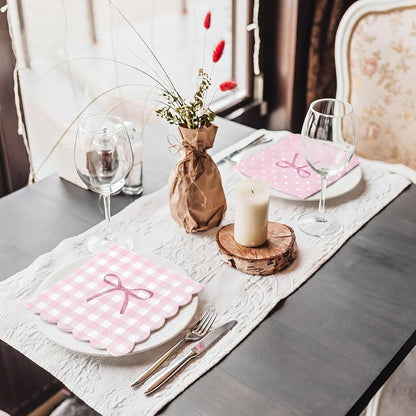 60 Pack Pink Bow Paper Napkins 3 Ply 5 x 5 in Disposable Cocktail Napkins with Scalloped Edges for Wedding Baby Shower Birthday Party Decoration