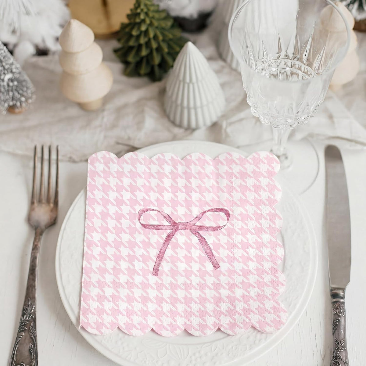 60 Pack Pink Bow Paper Napkins 3 Ply 5 x 5 in Disposable Cocktail Napkins with Scalloped Edges for Wedding Baby Shower Birthday Party Decoration