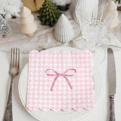 60 Pack Pink Bow Paper Napkins 3 Ply 5 x 5 in Disposable Cocktail Napkins with Scalloped Edges for Wedding Baby Shower Birthday Party Decoration