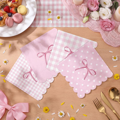 60 Pack Pink Bow Paper Napkins 3 Ply 5 x 5 in Disposable Cocktail Napkins with Scalloped Edges for Wedding Baby Shower Birthday Party Decoration