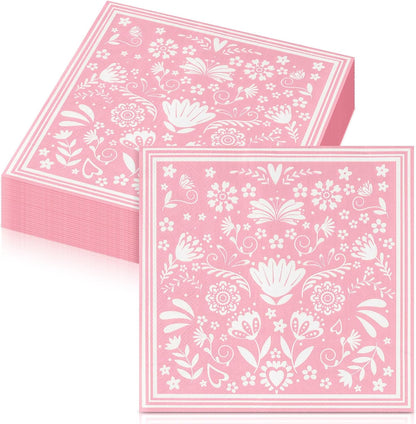 50 Pcs Mexican Fiesta Napkins Cielito Lindo Paper Cocktail Napkins Mandala Flower Mexican Party Decoration for Cinco De Mayo Taco Tuesday Baby Shower Birthday Party Supply (Pink and White)