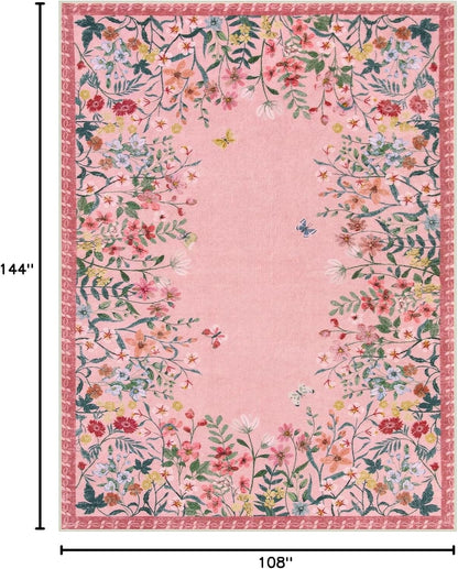 9x12 Washable Area Rug, Pink Floral Rug for Living Room, Boho Large Non Slip Bedroom Carpet, Cute Botanical Nursery Rug, Soft Low Pile Kids Playroom Decor (9x12 Pink)