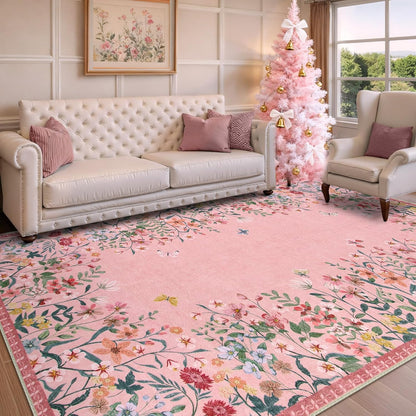 9x12 Washable Area Rug, Pink Floral Rug for Living Room, Boho Large Non Slip Bedroom Carpet, Cute Botanical Nursery Rug, Soft Low Pile Kids Playroom Decor (9x12 Pink)