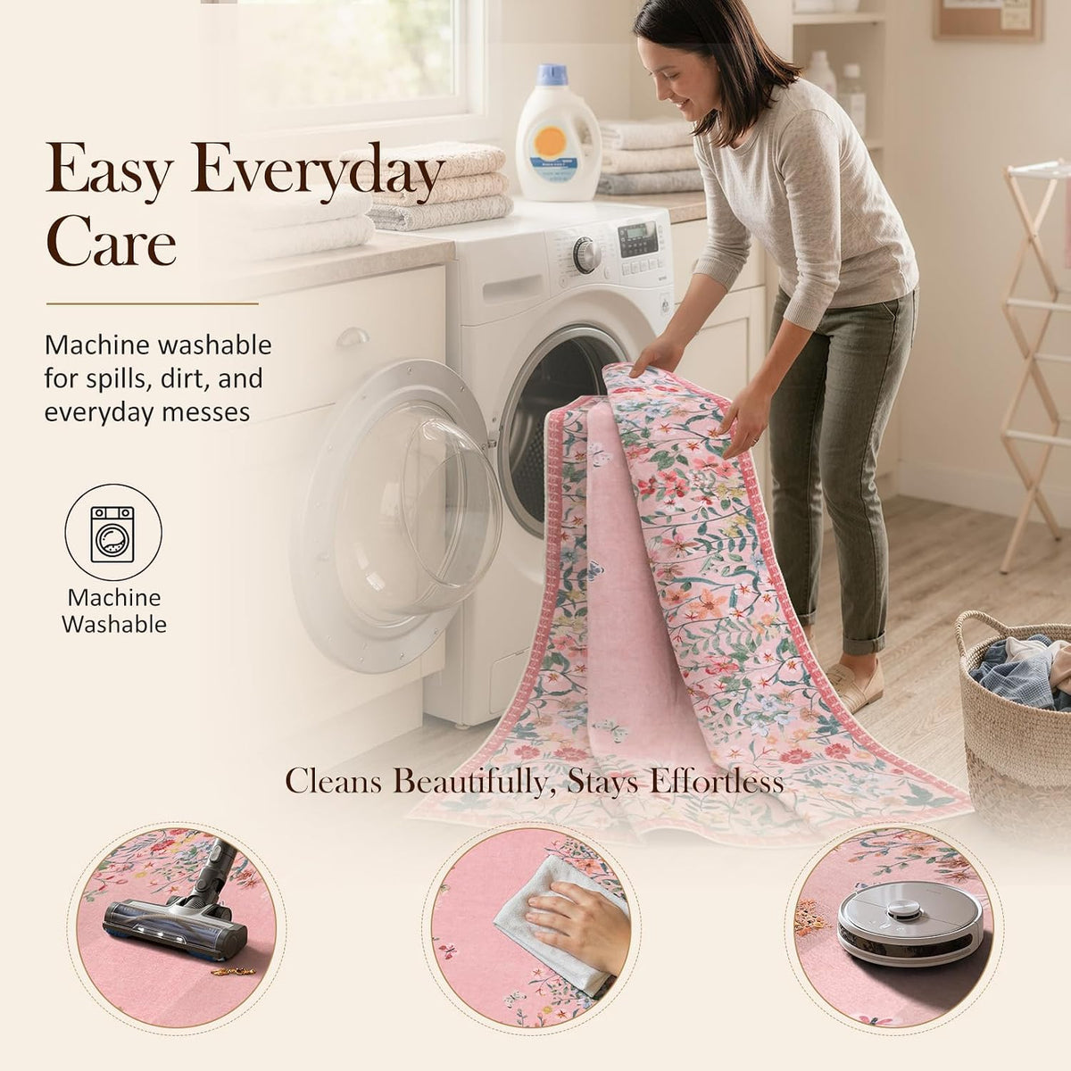9x12 Washable Area Rug, Pink Floral Rug for Living Room, Boho Large Non Slip Bedroom Carpet, Cute Botanical Nursery Rug, Soft Low Pile Kids Playroom Decor (9x12 Pink)