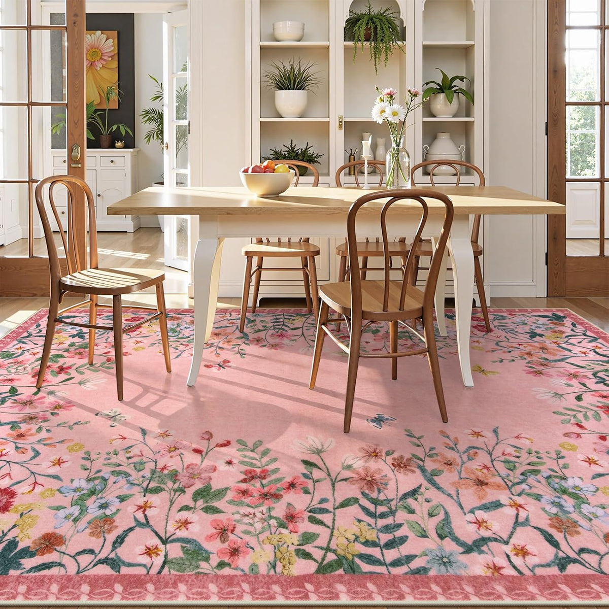 9x12 Washable Area Rug, Pink Floral Rug for Living Room, Boho Large Non Slip Bedroom Carpet, Cute Botanical Nursery Rug, Soft Low Pile Kids Playroom Decor (9x12 Pink)