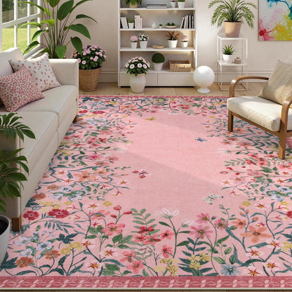 9x12 Washable Area Rug, Pink Floral Rug for Living Room, Boho Large Non Slip Bedroom Carpet, Cute Botanical Nursery Rug, Soft Low Pile Kids Playroom Decor (9x12 Pink)