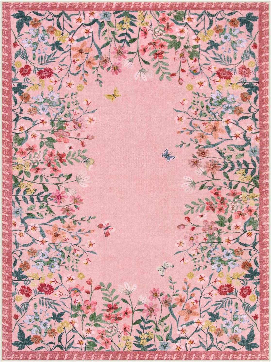 9x12 Washable Area Rug, Pink Floral Rug for Living Room, Boho Large Non Slip Bedroom Carpet, Cute Botanical Nursery Rug, Soft Low Pile Kids Playroom Decor (9x12 Pink)