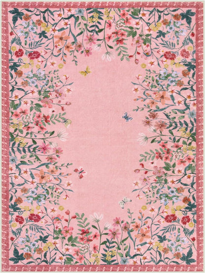 9x12 Washable Area Rug, Pink Floral Rug for Living Room, Boho Large Non Slip Bedroom Carpet, Cute Botanical Nursery Rug, Soft Low Pile Kids Playroom Decor (9x12 Pink)