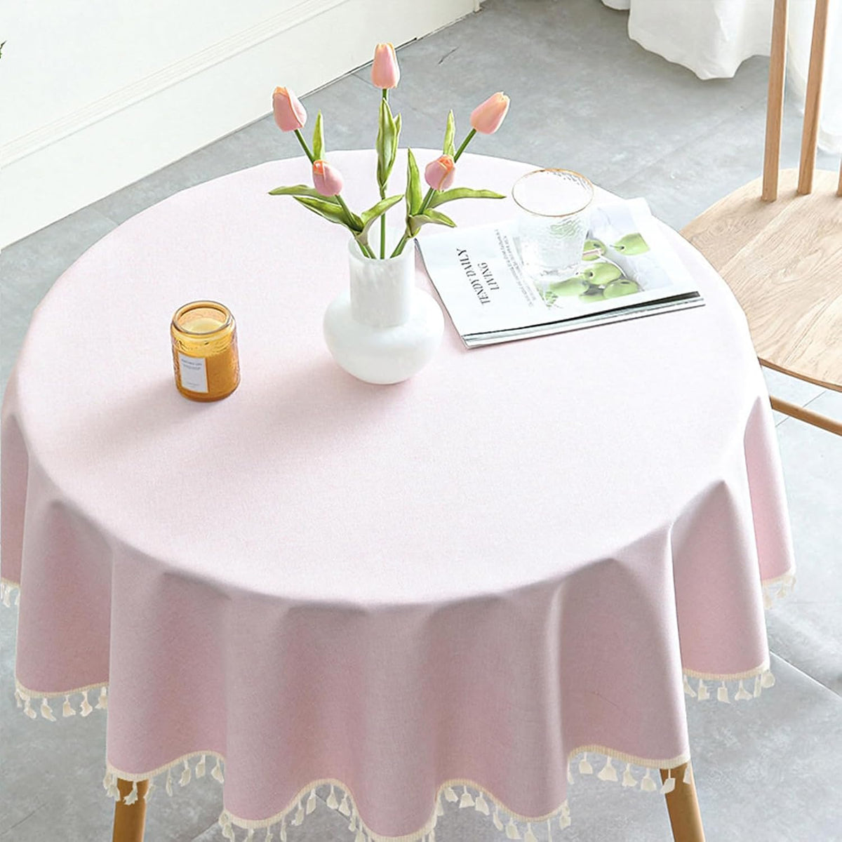 Round Textured Tablecloth Waterproof Cotton Linen Tassel Wrinkle Free Washable Decorative Fabric Table Cover for Kitchen Dining Table, Round-48, Pink
