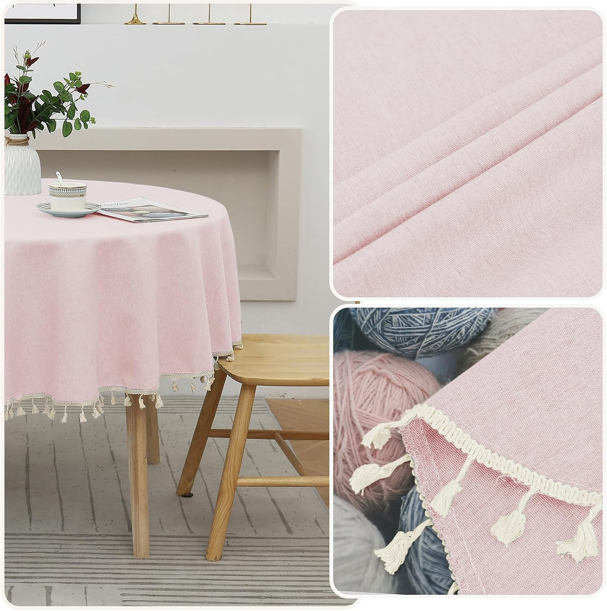 Round Textured Tablecloth Waterproof Cotton Linen Tassel Wrinkle Free Washable Decorative Fabric Table Cover for Kitchen Dining Table, Round-48, Pink