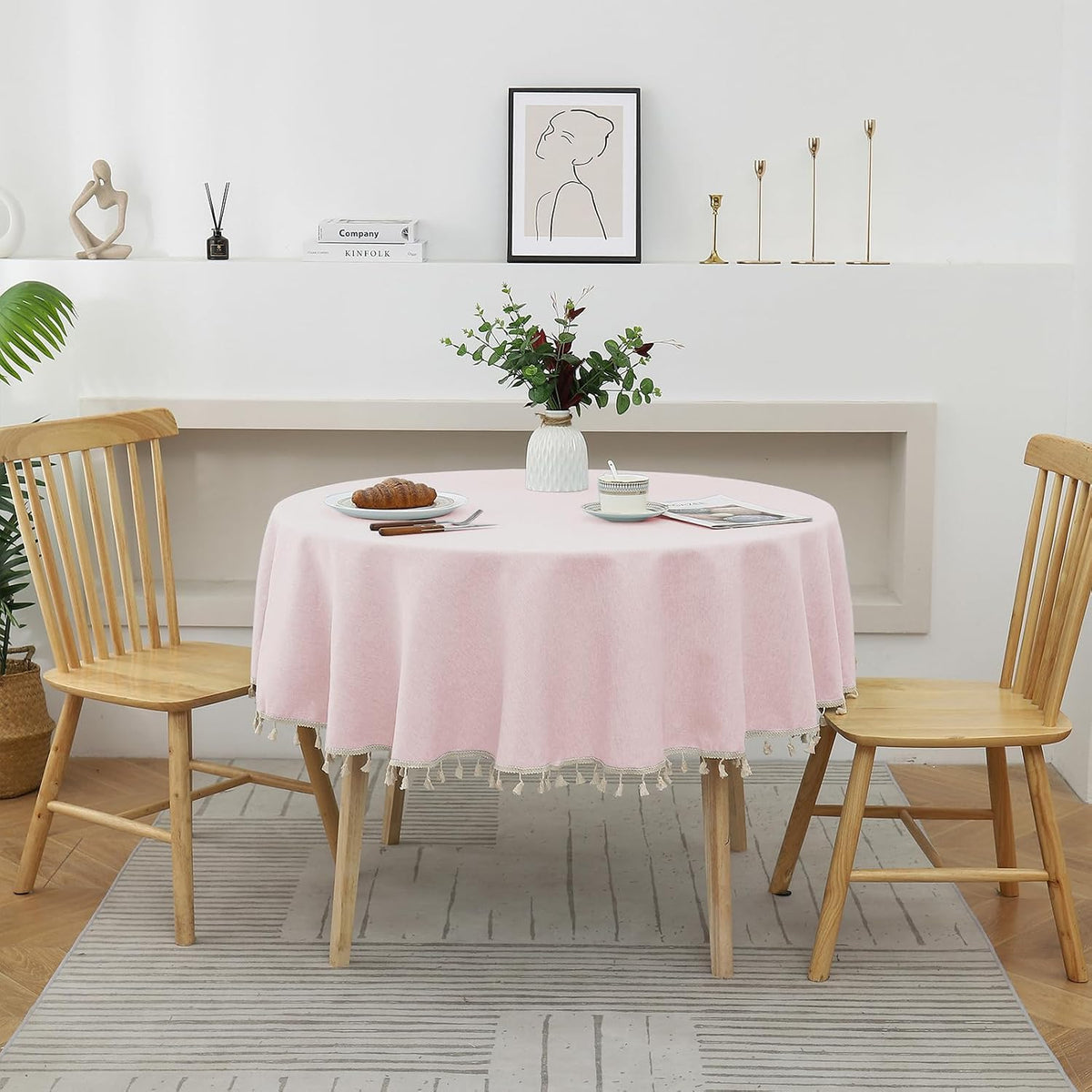 Round Textured Tablecloth Waterproof Cotton Linen Tassel Wrinkle Free Washable Decorative Fabric Table Cover for Kitchen Dining Table, Round-48, Pink