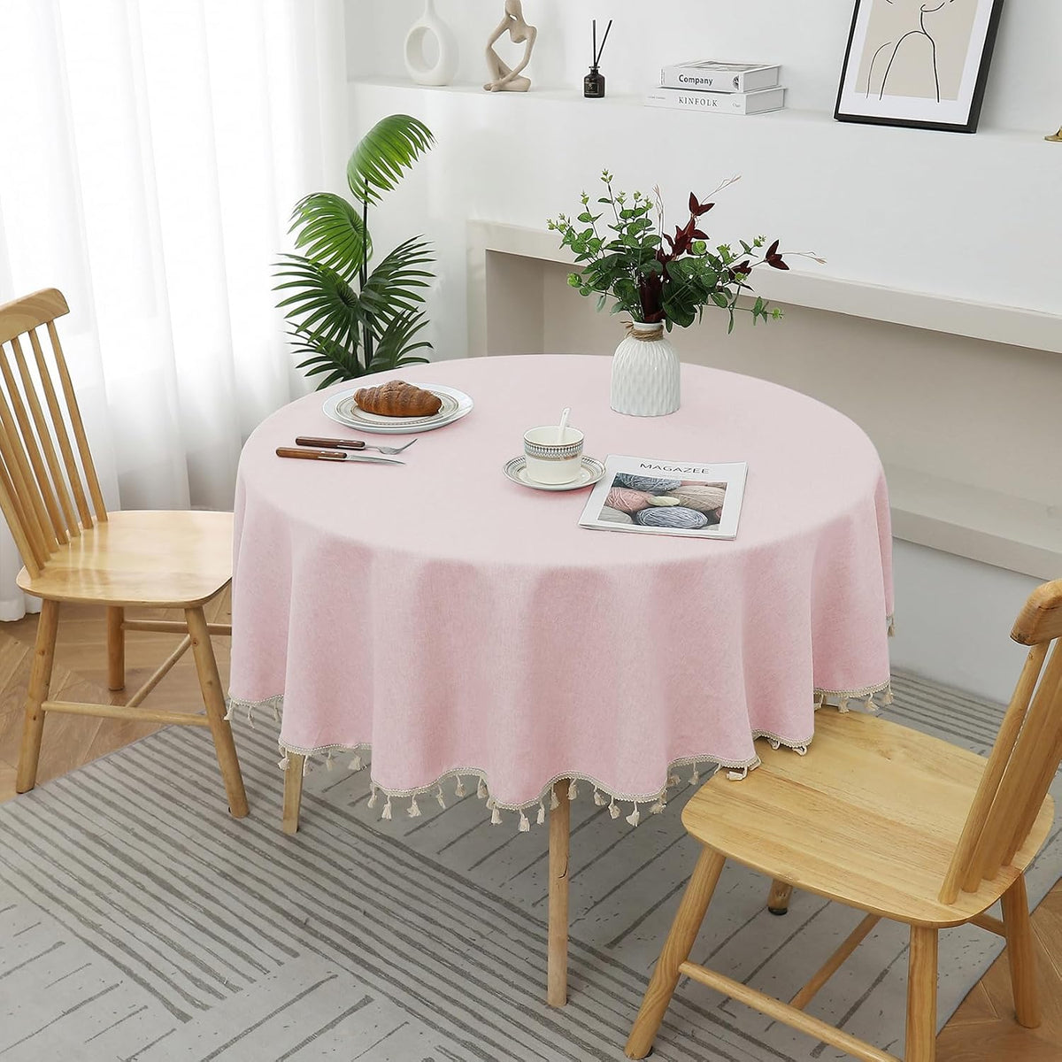 Round Textured Tablecloth Waterproof Cotton Linen Tassel Wrinkle Free Washable Decorative Fabric Table Cover for Kitchen Dining Table, Round-48, Pink