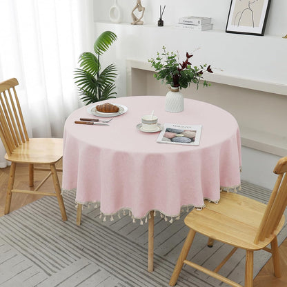 Round Textured Tablecloth Waterproof Cotton Linen Tassel Wrinkle Free Washable Decorative Fabric Table Cover for Kitchen Dining Table, Round-48, Pink