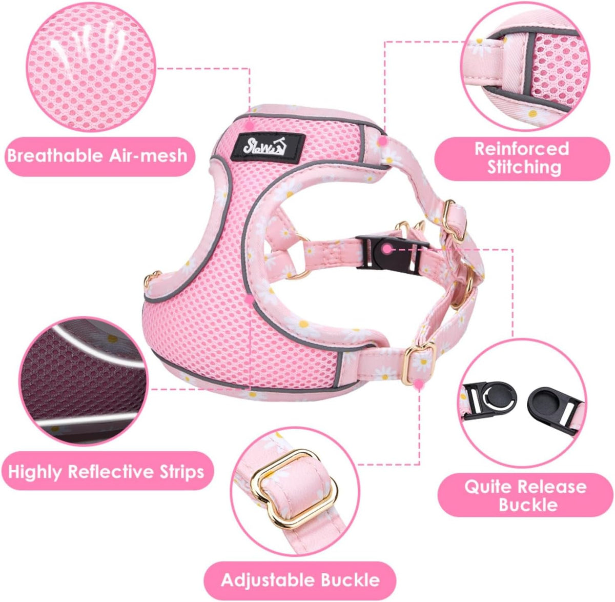 Small Dog Harness and Leash Set, No Pull & Lightweight, Pink, XXS