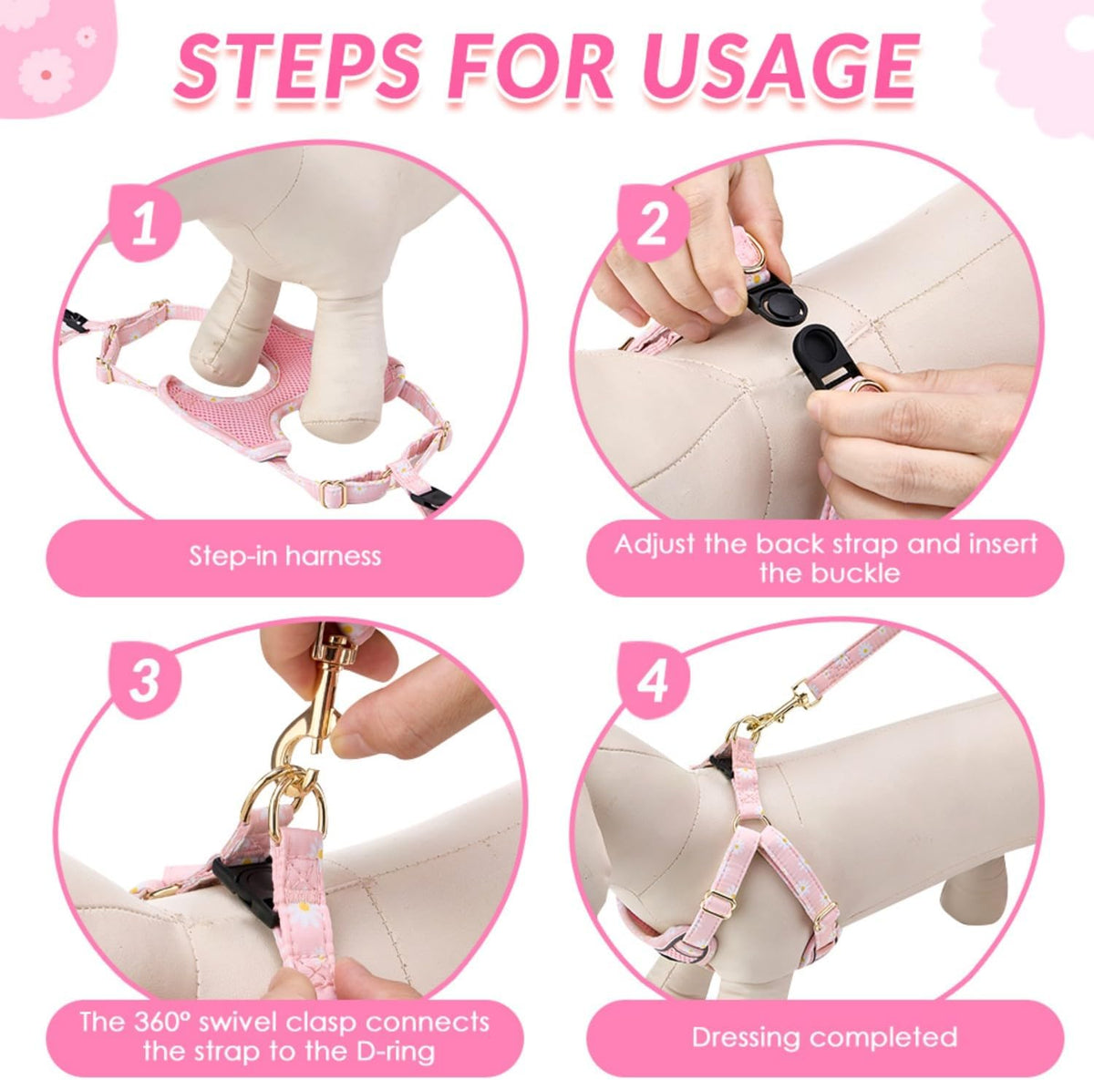 Small Dog Harness and Leash Set, No Pull & Lightweight, Pink, XXS