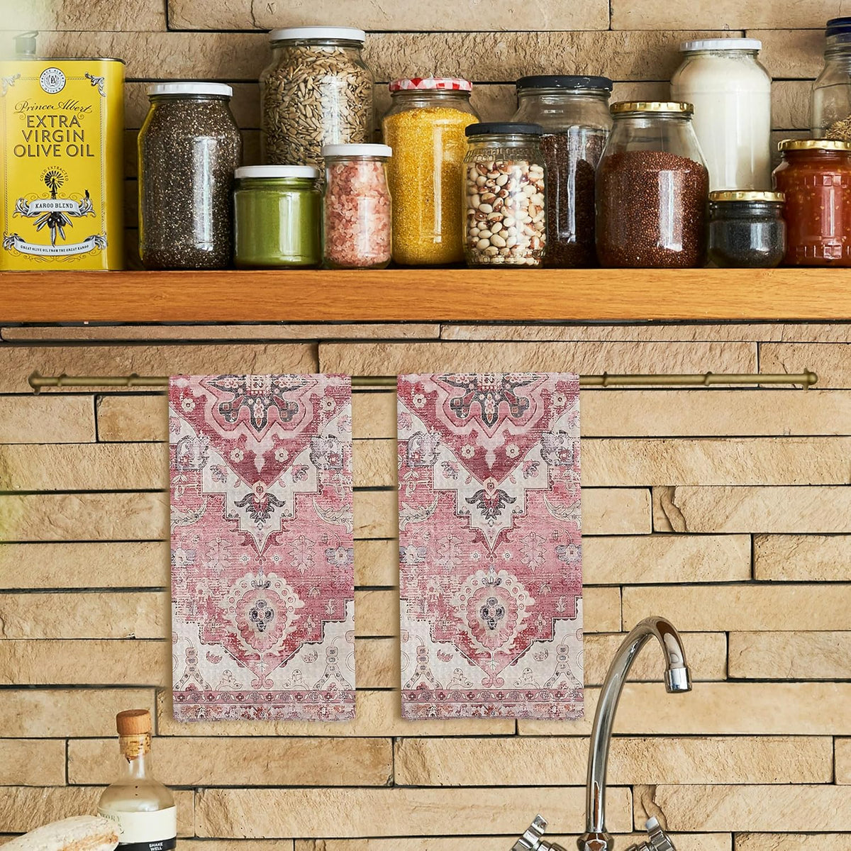 Pink Bohemia Kitchen Towels Set of 2,Antique Oriental Decorative Hand Towels for Bathroom, Boho Dish Towels Tea Towels,16x24 Inches