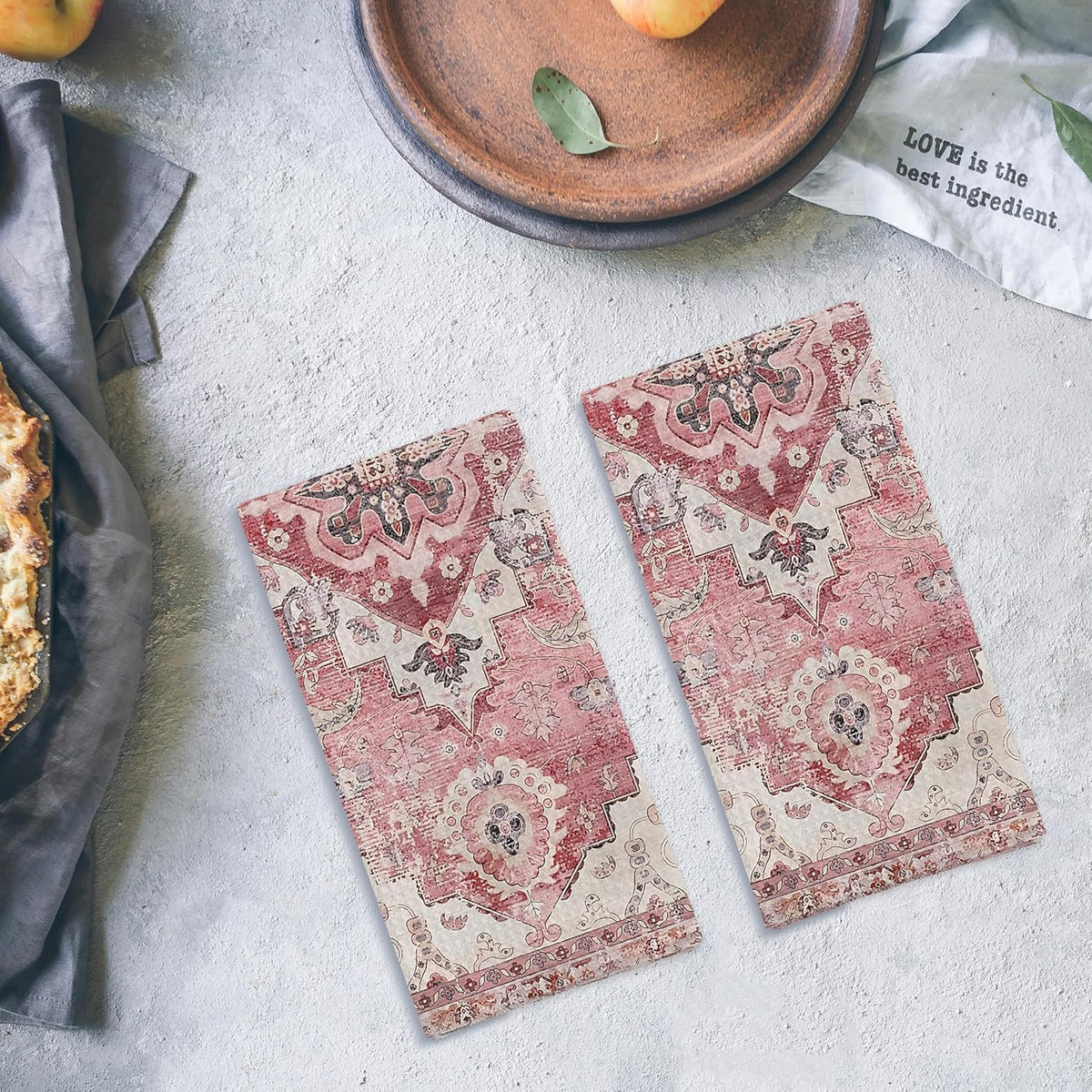 Pink Bohemia Kitchen Towels Set of 2,Antique Oriental Decorative Hand Towels for Bathroom, Boho Dish Towels Tea Towels,16x24 Inches