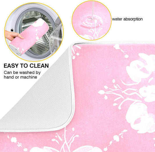 Light Pink Pattern Dish Drying Mat for Kitchen Counter Absorbent Heat Resistant Microfiber Dishes Drainer Mat 16x18 in Dish Pad Sink Mat Protective Pad Kitchen Decor