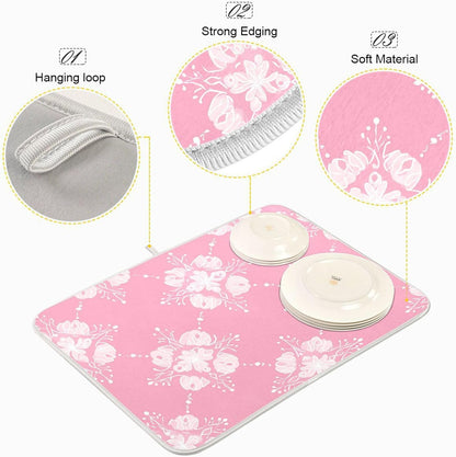 Light Pink Pattern Dish Drying Mat for Kitchen Counter Absorbent Heat Resistant Microfiber Dishes Drainer Mat 16x18 in Dish Pad Sink Mat Protective Pad Kitchen Decor
