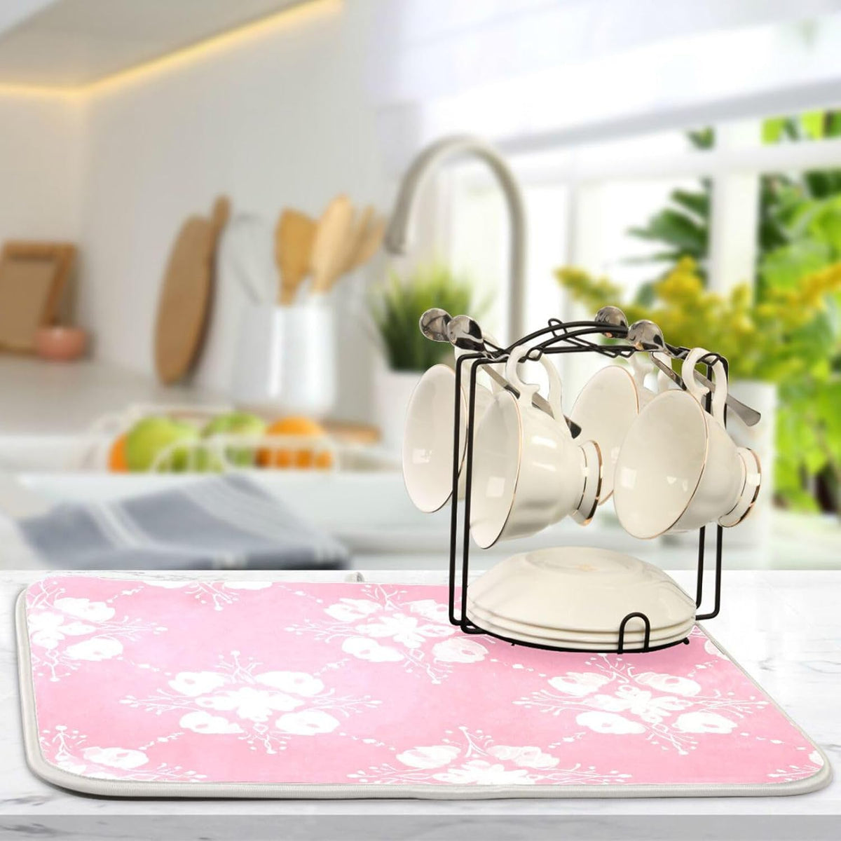 Light Pink Pattern Dish Drying Mat for Kitchen Counter Absorbent Heat Resistant Microfiber Dishes Drainer Mat 16x18 in Dish Pad Sink Mat Protective Pad Kitchen Decor